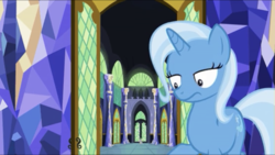 Size: 1334x750 | Tagged: safe, screencap, spike, trixie, dragon, pony, unicorn, all bottled up, g4, cute, diatrixes, faic, female, male, mare, raised hoof, trixie is not amused, unamused