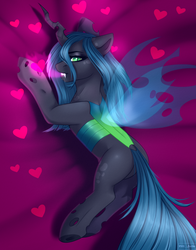 Size: 1800x2300 | Tagged: safe, artist:villjulie, queen chrysalis, changeling, changeling queen, g4, bed, female, floppy ears, heart, on bed, solo