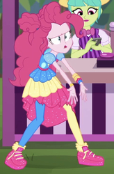 Size: 366x559 | Tagged: safe, screencap, belle barker, pinkie pie, equestria girls, equestria girls specials, g4, my little pony equestria girls: better together, my little pony equestria girls: sunset's backstage pass, background human, cellphone, cropped, duo, faic, music festival outfit, phone, shoes, smartphone, sneakers
