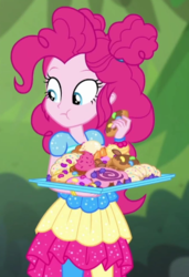 Size: 439x642 | Tagged: safe, screencap, pinkie pie, equestria girls, g4, my little pony equestria girls: choose your own ending, wake up!, wake up!: pinkie pie, bread, croissant, cropped, cupcake, donut, eating, female, food, frosting, junk food, pastries, pastry, solo, this will end in diabetes, this will end in tummy aches, this will not end well