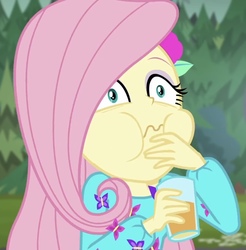 Size: 814x828 | Tagged: safe, screencap, fluttershy, equestria girls, equestria girls specials, g4, my little pony equestria girls: better together, my little pony equestria girls: sunset's backstage pass, cropped, faic, female, juice, orange juice, puffy cheeks, solo, wavy mouth