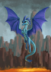Size: 1414x2000 | Tagged: safe, artist:plainoasis, princess ember, dragon, g4, cloud, cloudy, crossed arms, digital art, dragoness, female, flying, horns, lava, looking at you, membranous wings, red eyes, rock, scales, smiling, smiling at you, smoke, solo, spread wings, stone, wings