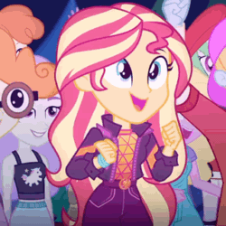 Size: 320x320 | Tagged: safe, screencap, drama letter, fry lilac, golden hazel, sandy cerise, scribble dee, snow flower, sunset shimmer, velvet sky, wallflower blush, watermelody, equestria girls, equestria girls specials, g4, my little pony equestria girls: better together, my little pony equestria girls: sunset's backstage pass, animated, cropped, cute, dancing, female, geode of empathy, gif, happy, magical geodes, male, music festival outfit, shimmerbetes