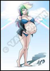 Size: 595x842 | Tagged: safe, artist:valtorgun-le-grand, rainbow dash, human, g4, barefoot, bikini, breasts, busty rainbow dash, clothes, feet, female, humanized, obtrusive watermark, preggo dash, pregnant, sexy, solo, stupid sexy rainbow dash, swimsuit, tongue out, watermark