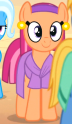 Size: 236x407 | Tagged: safe, screencap, aroma hathor, mosiah, trixie, earth pony, pony, unicorn, g4, road to friendship, clothes, cropped, cute, dress, ear clip, female, headband, male, mare, smiling, solo focus, somnambula resident, stallion, when she smiles