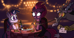 Size: 3777x1961 | Tagged: safe, artist:docwario, artist:katputze, discord, tempest shadow, twilight sparkle, alicorn, draconequus, pony, unicorn, g4, alcohol, angry, bisexual, broken horn, candle, clothes, cockblock, collaboration, date, date night, discord being discord, eating, faic, female, food, glass, heart, horn, imminent murder, inconvenient discord, lady and the tramp, lesbian, lesbian in front of boys, male, mare, meme, pasta, ship:discolight, ship:tempestlight, shipping, spaghetti, spaghetti scene, straight, tempest shadow is not amused, trio, twilight sparkle (alicorn), waifu thief, wine, wine bottle, wine glass