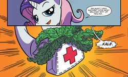 Size: 1920x1170 | Tagged: safe, artist:kate sherron, official comic, rarity, pony, g4, idw, spoiler:comic80, cleric, fantasy class, female, kale, larp, solo