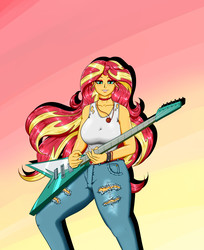 Size: 2200x2700 | Tagged: safe, artist:albertbm, sunset shimmer, equestria girls, g4, breasts, busty sunset shimmer, clothes, digital art, electric guitar, female, guitar, high res, musical instrument, smiling, solo, stupid sexy sunset shimmer