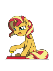 Size: 1280x1707 | Tagged: safe, artist:flutterluv, sunset shimmer, pony, unicorn, g4, female, mare, simple background, sitting, solo, sunset shimmer day, tongue out, transparent background, video game