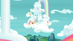 Size: 1920x1080 | Tagged: safe, screencap, fluttershy, pegasus, pony, daring doubt, g4, book, cloud, female, flying, mare, rainbow dash's house, rainbow waterfall, solo