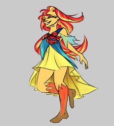 Size: 1280x1424 | Tagged: safe, artist:elisdoominika, sunset shimmer, human, equestria girls, g4, bow, clothes, dress, eyes closed, female, flowing hair, full body, redesign, ribbon, smiling, solo