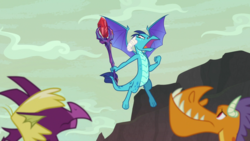 Size: 1920x1080 | Tagged: safe, screencap, billy, princess ember, spear (g4), dragon, g4, sweet and smoky, bloodstone scepter, dragoness, female, flying, scepter, spread wings, wings