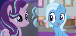 Size: 623x297 | Tagged: safe, edit, edited screencap, screencap, starlight glimmer, trixie, pony, unicorn, a horse shoe-in, g4, no second prances, animated, cropped, cute, diatrixes, duo, duo female, female, glimmerbetes, mare, one eye closed, smiling, wink