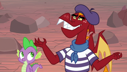 Size: 1280x720 | Tagged: safe, screencap, garble, spike, dragon, g4, sweet and smoky, beatnik, beret, clothes, duo, hat, male, shirt, spread arms, striped shirt, winged spike, wings