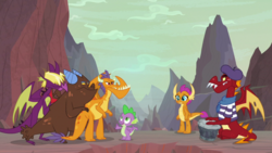Size: 1920x1080 | Tagged: safe, screencap, billy, clump, garble, smolder, spear (g4), spike, dragon, g4, sweet and smoky, beret, bongos, clothes, dragon lands, dragoness, female, hat, male, musical instrument, shirt, striped shirt, teenaged dragon, winged spike, wings