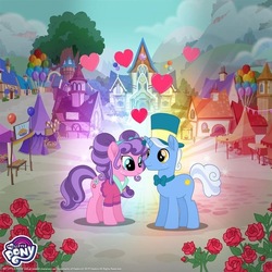 Size: 750x750 | Tagged: safe, gameloft, petunia petals, sunny skies, earth pony, pony, unicorn, g4, my little pony: rainbow roadtrip, official, bowtie, duo, female, hat, headband, heart, male, mare, petuniasky, shipping, stallion, straight, top hat