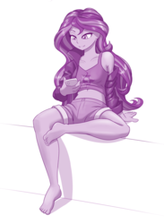 Size: 1000x1365 | Tagged: safe, artist:dstears, sunset shimmer, equestria girls, g4, my little pony equestria girls: better together, barefoot, belly button, clothes, digital art, feet, female, grayscale, lidded eyes, midriff, monochrome, off shoulder, shorts, simple background, sitting, smiling, solo, sunset shimmer day, tank top, white background