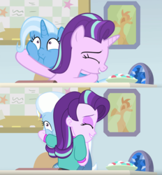 Size: 4642x5000 | Tagged: safe, artist:limedazzle, starlight glimmer, trixie, human, pony, unicorn, a horse shoe-in, equestria girls, g4, absurd resolution, duo, duo female, equestria girls interpretation, female, hug, mare, puffy cheeks, redraw, scene interpretation, screencap reference, show accurate
