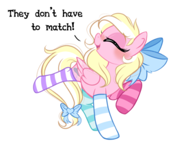 Size: 3055x2595 | Tagged: safe, artist:emberslament, derpibooru exclusive, oc, oc only, oc:bay breeze, pegasus, pony, blushing, bow, clothes, cute, dialogue, eyes closed, female, hair bow, high res, mare, mismatched socks, ocbetes, open mouth, simple background, socks, solo, striped socks, tail bow, text, thigh highs, transparent background
