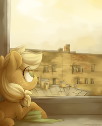 Size: 3468x4284 | Tagged: safe, artist:anotherdeadrat, applejack, earth pony, pony, g4, building, cute, eye clipping through hair, facing away, female, filly, filly applejack, freckles, hatless, high res, jackabetes, looking at something, missing accessory, no pupils, solo, window, younger