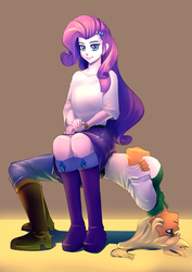 Size: 700x990 | Tagged: safe, artist:bakki, applejack, rarity, equestria girls, g4, appleseat, backbend, boots, clothes, crossed arms, female, jeans, pants, shoes, sitting, sitting on person, skirt, tablejack
