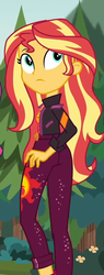 Size: 411x1080 | Tagged: safe, screencap, sci-twi, sunset shimmer, twilight sparkle, human, equestria girls, equestria girls series, g4, sunset's backstage pass!, spoiler:eqg series (season 2), ass, bunset shimmer, butt, clothes, cropped, duo, duo female, female, frown, geode of empathy, jacket, looking back, magical geodes, music festival outfit, offscreen character, outdoors, solo focus