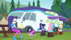 Size: 2559x1439 | Tagged: safe, screencap, applejack, fluttershy, rarity, sci-twi, spike, spike the regular dog, sunset shimmer, twilight sparkle, dog, equestria girls, equestria girls specials, g4, my little pony equestria girls: better together, my little pony equestria girls: sunset's backstage pass, clothes, eating, female, fleetwood pace arrow, food, hat, high heels, male, pancakes, paws, picnic table, rv, shoes, spike's dog collar, spike's festival hat, table, youtube
