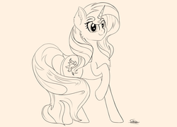 Size: 3000x2160 | Tagged: safe, artist:sadtrooper, sunset shimmer, pony, unicorn, g4, female, high res, lineart, looking at you, mare, monochrome, raised hoof, simple background, smiling, solo