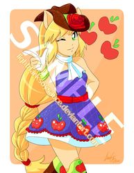Size: 600x777 | Tagged: safe, artist:lightdarksoysauce, applejack, equestria girls, g4, my little pony equestria girls, anime, ascot, bare shoulders, clothes, cute, cutie mark, dress, fall formal outfits, female, jackabetes, obtrusive watermark, one eye closed, ponied up, sample, solo, watermark, wink
