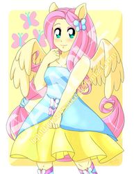 Size: 600x777 | Tagged: safe, artist:lightdarksoysauce, fluttershy, equestria girls, g4, my little pony equestria girls, bare shoulders, clothes, cute, cutie mark, dress, fall formal outfits, female, obtrusive watermark, ponied up, sample, shyabetes, solo, watermark
