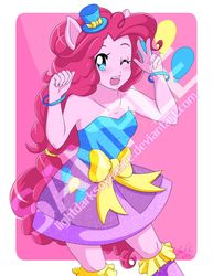 Size: 600x777 | Tagged: safe, artist:lightdarksoysauce, part of a set, pinkie pie, equestria girls, g4, my little pony equestria girls, anime, bare shoulders, clothes, cute, cutie mark, diapinkes, dress, fall formal outfits, female, obtrusive watermark, one eye closed, open mouth, ponied up, solo, watermark, wink