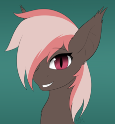 Size: 727x782 | Tagged: safe, artist:kota, oc, oc only, oc:choccy, bat pony, pony, bat pony oc, bust, chest fluff, cute, ear fluff, ear tufts, female, green background, hair over one eye, mare, ocbetes, portrait, simple background, solo