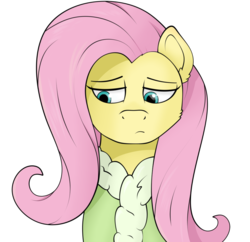 Size: 1116x1080 | Tagged: safe, artist:kirr12, fluttershy, pegasus, pony, g4, bathrobe, clothes, female, looking down, mare, robe, sad, simple background, solo, transparent background