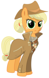 Size: 1974x3089 | Tagged: safe, artist:scarletlightning565, applejack, earth pony, pony, fallout equestria, g4, alternate hairstyle, clothes, cowboy hat, fanfic, fanfic art, female, gun, handgun, hat, hooves, little macintosh, mare, ministry mares, ministry of technology, optical sight, revolver, scope, simple background, solo, transparent background, weapon