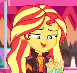 Size: 1128x1080 | Tagged: safe, screencap, sunset shimmer, equestria girls, equestria girls specials, g4, my little pony equestria girls: better together, my little pony equestria girls: sunset's backstage pass, churros, clothes, cropped, female, food, jacket, music festival outfit, open mouth, outdoors, smiling, solo