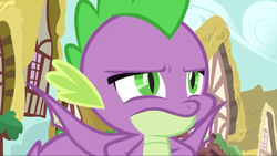 Size: 1280x720 | Tagged: safe, screencap, spike, dragon, g4, the big mac question, male, ponyville, sky, spike is not amused, unamused, winged spike, wings