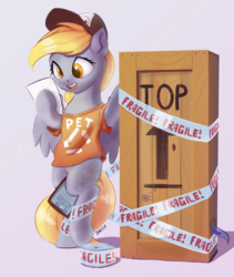 Size: 1265x1500 | Tagged: safe, artist:drafthoof, derpy hooves, princess luna, pegasus, pony, g4, bipedal, birthday gift, bottomless, box, clothes, cute, derpabetes, featured image, female, fragile, hoof hold, mailmare, mare, open mouth, package, paper, partial nudity, simple background, solo focus, this will end well, when you see it