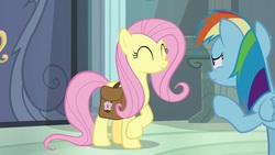Size: 1920x1080 | Tagged: safe, screencap, fluttershy, rainbow dash, pegasus, pony, daring doubt, g4, ^^, cute, duo, eyes closed, female, mare, pointing, rainbow dash's house, saddle bag, shyabetes, smiling
