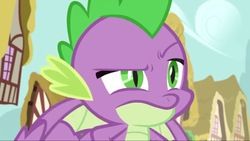 Size: 1280x720 | Tagged: safe, screencap, spike, dragon, g4, the big mac question, male, ponytail, raised eyebrow, sky, spike is not amused, unamused, winged spike, wings