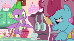 Size: 1280x720 | Tagged: safe, screencap, cup cake, spike, dragon, pony, g4, the big mac question, claws, female, kitchen, male, mare, toes, winged spike, wings