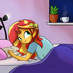 Size: 2160x2160 | Tagged: safe, artist:tjpones, ray, sunset shimmer, leopard gecko, equestria girls, g4, bed, blanket, book, cute, duo, female, food, high res, pet, raybetes, shimmerbetes, smiling, tea