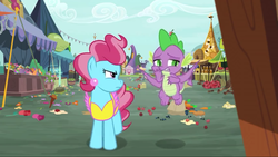 Size: 1280x720 | Tagged: safe, screencap, cup cake, spike, dragon, earth pony, pony, g4, season 9, the big mac question, baby dragon, claws, cup cake is not amused, displeased, duo, ear piercing, female, flapping, flying, frown, glare, looking sideways, male, mare, mess, piercing, ponyville, walking, winged spike, wings