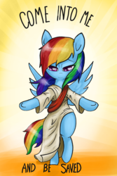 Size: 1000x1500 | Tagged: safe, artist:t72b, derpibooru exclusive, rainbow dash, pegasus, pony, g4, bedroom eyes, bipedal, clothes, female, halo, iwtcird, jesus christ, mare, meme, pun, robe, side slit, solo, text