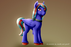 Size: 3000x2000 | Tagged: artist needed, safe, oc, oc:hellfire, pegasus, pony, alternate hairstyle, blue fur, collar, high res, male, red eyes, stallion