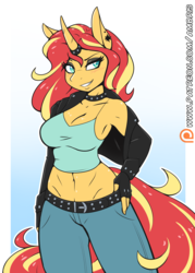 Size: 1314x1839 | Tagged: safe, artist:ambris, sunset shimmer, unicorn, anthro, g4, armpits, belly button, black eyeshadow, blushing, braless, breasts, busty sunset shimmer, clothes, collar, digital art, eyeshadow, female, fingerless gloves, gloves, horn, horn jewelry, horn ring, jacket, jewelry, makeup, mare, midriff, pants, patreon, patreon logo, short shirt, smiling, solo, spiked belt, spiked collar, sunset shimmer day, tank top