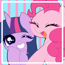Size: 720x720 | Tagged: safe, alternate version, artist:kurona, pinkie pie, twilight sparkle, pony, g4, cute, diapinkes, duo, eyes closed, female, mare, one eye closed, open mouth, pixiv, smiling, twiabetes