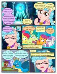 Size: 612x792 | Tagged: safe, artist:newbiespud, edit, edited screencap, screencap, apple bloom, cozy glow, gallus, ocellus, sandbar, scootaloo, silverstream, starlight glimmer, sweetie belle, yona, changedling, changeling, classical hippogriff, earth pony, griffon, hippogriff, pegasus, pony, unicorn, yak, comic:friendship is dragons, g4, school raze, bow, comic, concerned, cozy glow is not amused, cutie mark, cutie mark crusaders, dialogue, female, filly, freckles, gallus is not amused, hair bow, looking down, mare, open mouth, raised hoof, screencap comic, the cmc's cutie marks, unamused, wide eyes