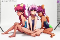 Size: 3401x2296 | Tagged: safe, artist:sugarlesspaints, apple bloom, scootaloo, sweetie belle, human, g4, adorabloom, barefoot, blushing, body freckles, clothes, cute, cutealoo, cutie mark crusaders, dark skin, diasweetes, explicit source, fake ears, feet, female, freckles, headband, high res, horn, horned humanization, humanized, looking at you, nail polish, one eye closed, one-piece swimsuit, open-back swimsuit, photo shoot, smiling, swimsuit, winged humanization, wings, wink