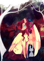 Size: 983x1359 | Tagged: safe, artist:simpleoddities, fluttershy, pegasus, pony, rabbit, g4, the last problem, animal, duo, female, hair over one eye, lidded eyes, mare, older fluttershy, one wing out, outdoors, sitting, smiling, three quarter view, tree, turned head, wings