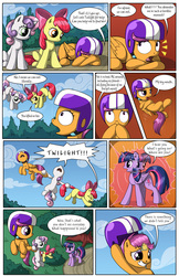 Size: 2030x3130 | Tagged: safe, artist:sirzi, apple bloom, scootaloo, sweetie belle, twilight sparkle, alicorn, earth pony, pegasus, pony, unicorn, comic:talisman for a pony, g4, bow, clothes, comic, cutie mark crusaders, female, filly, floating, hair bow, helmet, high res, jackie chan adventures, screaming, speech bubble, talisman, trio, twilight sparkle (alicorn)